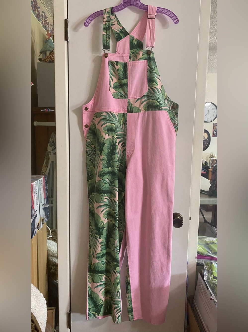 Homemade tropical, print and pink women’s overalls. 100% cotton made by me.